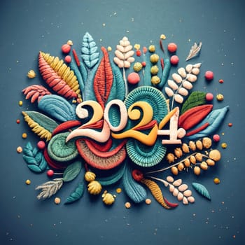 2024 Happy New Year Embroidered Text on Textured Fabric - Festive and Stylish Embroidery Design download image