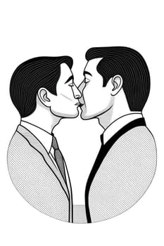 black and white geometric illustration of gay homosexual couple kissing, lgtb love concept generative ai art