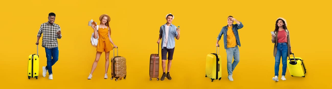 Happy black and european young people with suitcases show tickets and passport, enjoy travel and vacation isolated on orange studio background, panorama. Trip, tourism, adventure and lifestyle