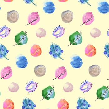 Seamless watercolor abstract pattern with irregular circles and leaves for textile