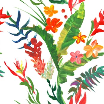 Seamless pattern with bright red tropical flowers and plants for summer textile