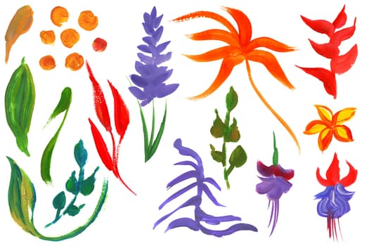 Collection of tropical flower branches and leaves painted with bright colors with a dry brush on white background