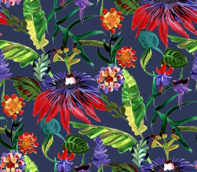 bright seamless pattern with multicolored tropical flowers and leaves on a blue background for summer textile