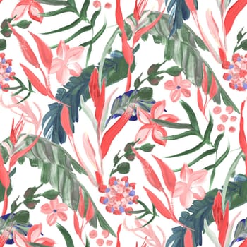 bright seamless pattern with multicolored tropical flowers and leaves on a green background for design surfaces