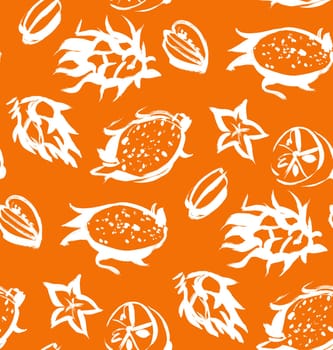 Seamless orange pattern with pttahaya tropical fruit silhouettes painted in gouache for summer textile and surface design