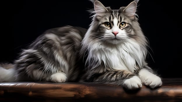 Resting Norwegian Forest Cat Cat on a black background.