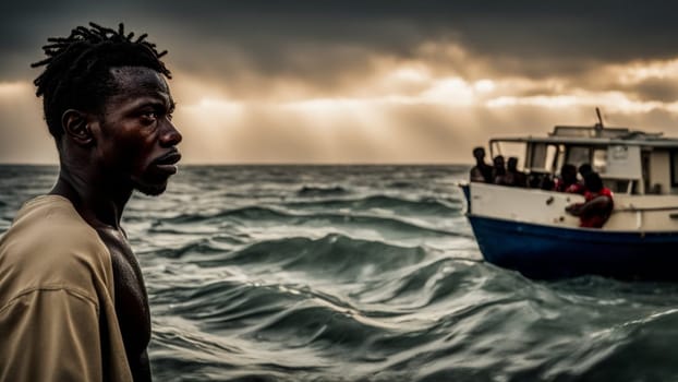 politiciam minister, president, between african migrants lost in dangerous storm in mediterranean sea. High quality photo