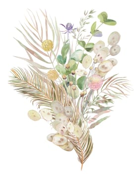 Illustration with a bouquet of dried flowers with tropical leaves of palm trees and herbs drawn in watercolor on a white background