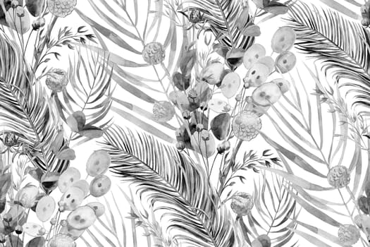 Monochrome watercolor seamless pattern with herbarium of flowers and tropical palm leaves for textile