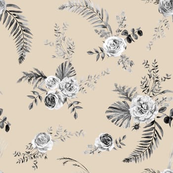 Watercolor vintage black and white seamless pattern with flowers of delicate pink roses and tropical palm leaves for summer textiles