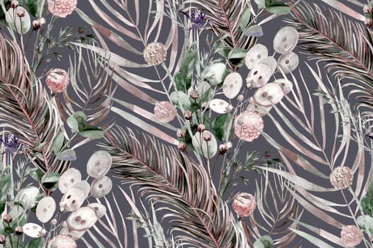 Seamless pattern with herbs and palm leaves and tropical leaves in boho style for textile