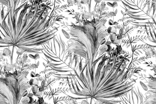 Seamless monochrome pattern with dry tropical palm leaves and pampas grass painted in watercolor for textile and surface design in boho style