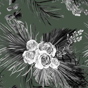 Seamless black and white watercolor pattern with flowers of roses and dry branches and leaves of palm trees in Boho style on green background drawn for summer clothing textile and surface design