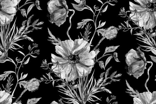 Watercolor retro seamless pattern with monochrome poppy flowers on a black background. Background for creating design and textiles in vintage style