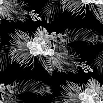 Seamless black and white pattern with a Bouquet of roses and tropical dried flowers in Boho style painted in watercolor on a black background