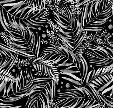 Monochrome watercolor seamless pattern with herbarium of flowers and tropical palm leaves for textile
