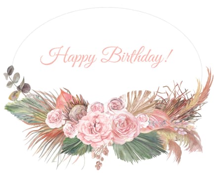 Watercolor oval round frame with a bouquet of flowers from light roses and dried flowers of palm leaves for cards isolated on white