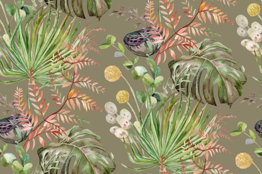 Seamless pattern with dry herbs and palm leaves and tropical leaves in boho style for textile