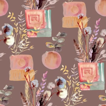 Seamless pattern with dried flowers in vases with sprigs of dried flowers of eucalyptus and cotton in boho style for textile and surface design