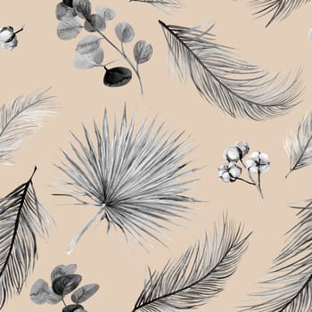 Watercolor seamless pattern with dry palm leaves in boho style on a beige background for creating fabrics and textiles