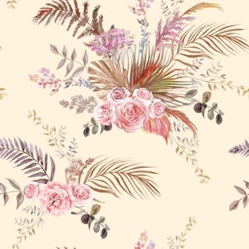 Seamless watercolor pattern with herbarium of tropical palm leaves and delicate roses for textile and surface design