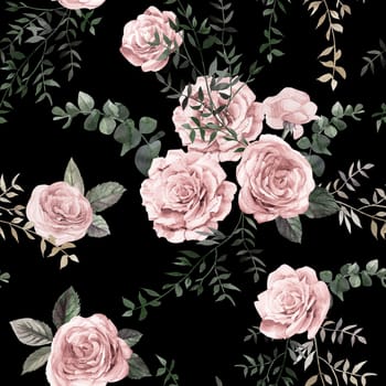 Watercolor vintage seamless pattern with pink roses and leaves for summer textiles of women is dresses and clothes in natural shades