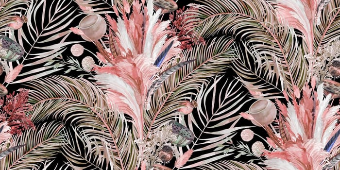 Seamless pattern with dry tropical palm leaves and pampas grass painted in watercolor for textile and surface design in boho style