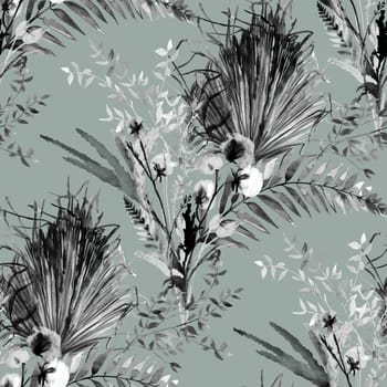 Monochrome seamless pattern with silhouettes of dry branches and leaves of palm trees and ferns for summer textiles