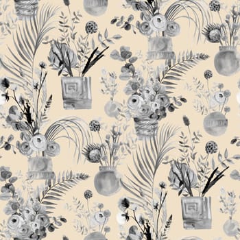 Watercolor pattern in black and white shades with branches of dried flowers for textile