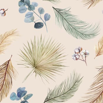 Watercolor seamless pattern with dry palm leaves in boho style on a light beige background for creating fabrics and summer textiles