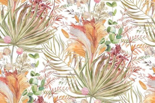 Seamless pattern with herbs and palm leaves and pampas grass for textile