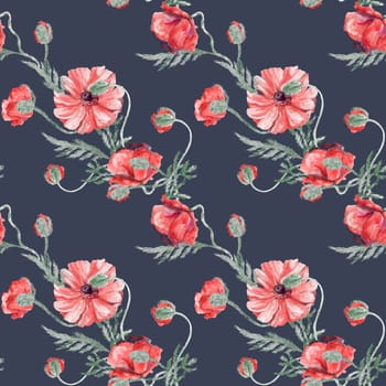 Seamless pattern in vintage style with red poppies on a blue background for summer textiles and surface design. Summer botanical motif.