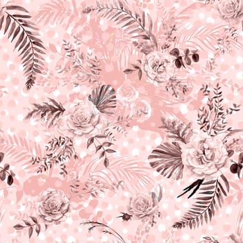 Layered monochrome botanical pattern in shades of pink with roses and tropical leaves. Summer textile motif for women's dresses and surface design