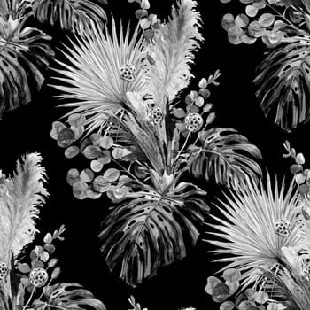 Seamless black and white botanical pattern with dry palm leaves and monstera painted in watercolor on a black background for textile and surface design