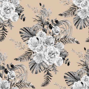 Watercolor vintage black and white seamless pattern with a herbarium of white rose flowers and tropical palm leaves for summer textiles of women is dresses and clothes in natural shades