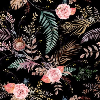 Seamless watercolor pattern with delicate rose and protea flowers and dried fern flowers and palm leaves