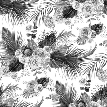 Watercolor vintage black and white seamless pattern with flowers of delicate roses and tropical palm leaves