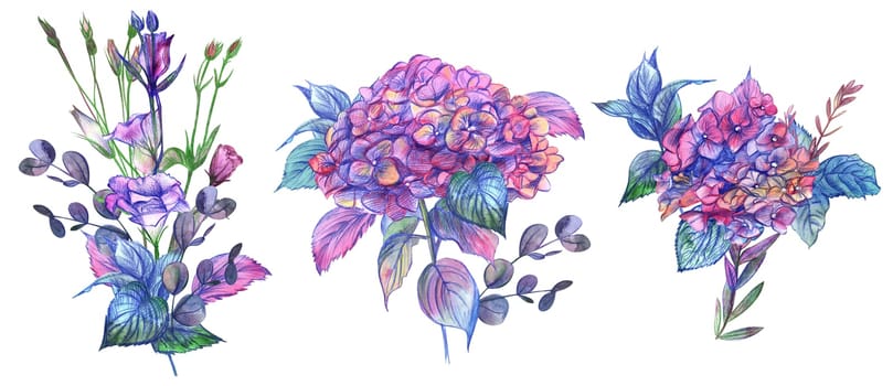 Set of watercolor bouquets with hydrangea and eustoma flowers painted in watercolor isolated on a white background for design for girls and women