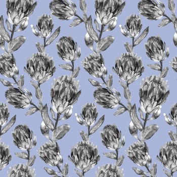 Seamless monochrome watercolor pattern with vertical protea flowers for textile and surface design