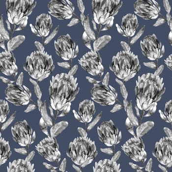 Seamless monochrome watercolor pattern with vertical protea flowers for textile and surface design