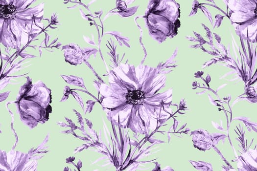 Seamless summer watercolor pattern with monochrome watercolor poppies in purple shades on a light green background for the design of textiles and surfaces