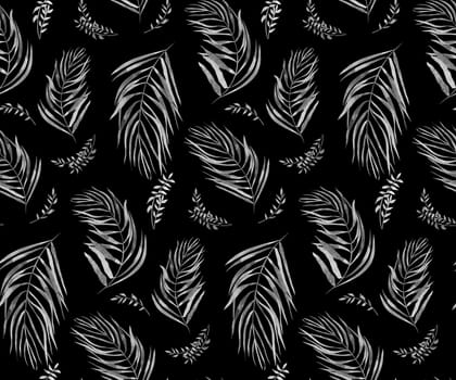 Monochrome watercolor seamless pattern with herbarium of flowers and tropical palm leaves