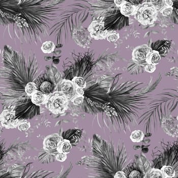 Watercolor vintage black and white seamless pattern with flowers of delicate roses and tropical palm leaves for summer textiles and surface design on purple background