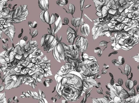 Seamless black-white floral pattern with hydrangeas and roses drawn in pencil and watercolor in vintage style on a brown background
