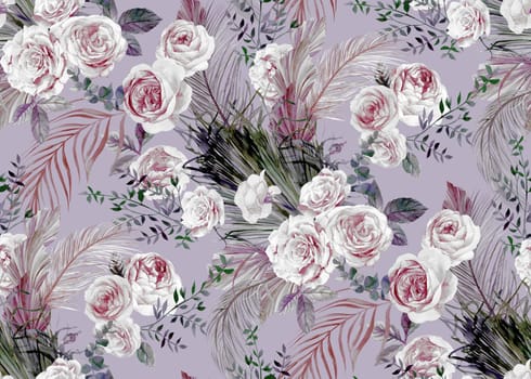 Seamles purple pattern with cute roses and tropical leaves of palm for textile