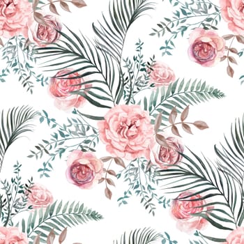 Seamless watercolor pattern with a Bouquet of roses and tropical dried flowers in Boho style painted in watercolor for textile and fabrics