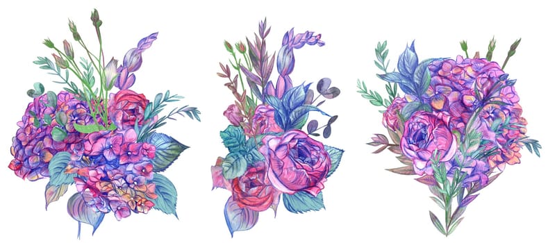 Set of watercolor bouquets with flowers of hydrangea and pink roses and herbs painted in watercolor isolated on a white background in vintage style
