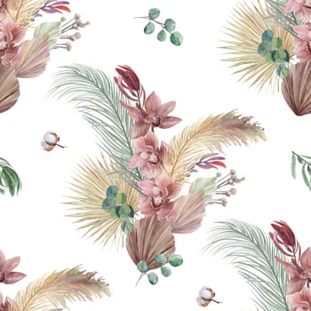 watercolor seamless pattern with orchid flowers and dry palm leaves on a white background in boho style. Botanical summer motif for textile and surface design