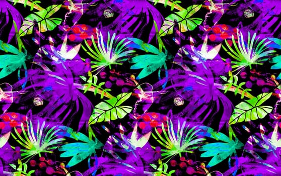 Abstract dark purple botanical tropical seamless pattern. Night tropical forest and irregular circles painted in watercolor for textile and surface design