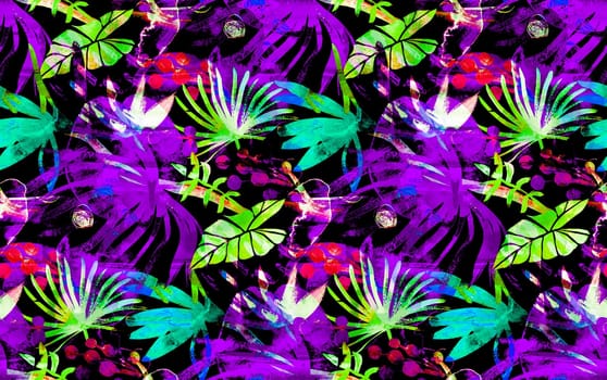 Abstract dark purple botanical tropical seamless pattern. Night tropical forest and irregular circles painted in watercolor for textile and surface design